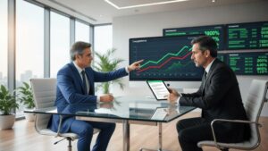 Trabalhador discutindo com advogado sobre o impacto da inteligência artificial na fiscalização do trabalho em escritório moderno.