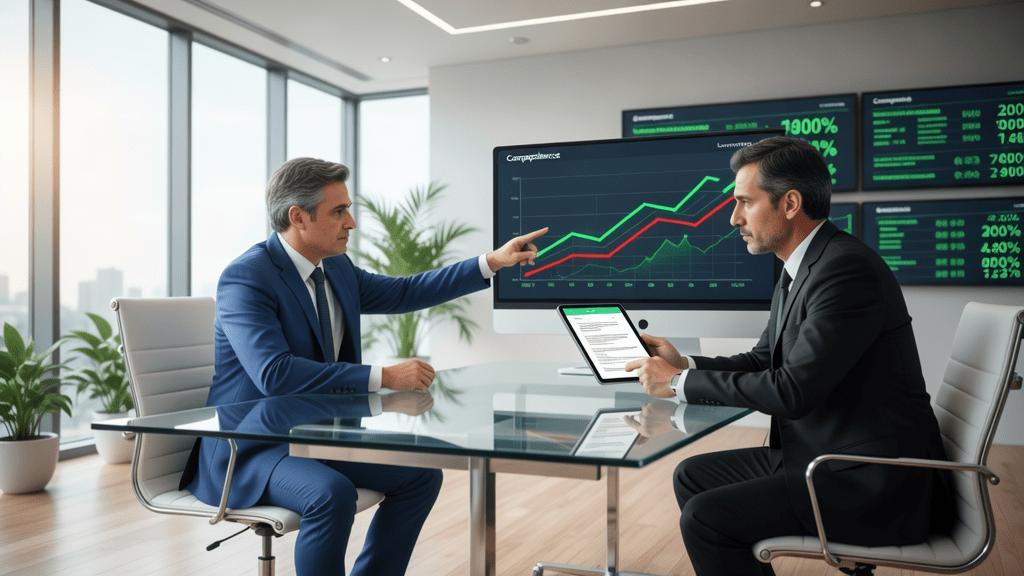 Trabalhador discutindo com advogado sobre o impacto da inteligência artificial na fiscalização do trabalho em escritório moderno.