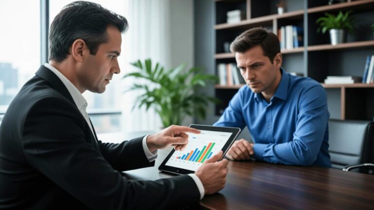 Advogado discutindo NTEP com empresário em escritório moderno, destacando a importância da saúde ocupacional.