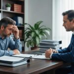 Trabalhador preocupado consultando advogado sobre a falta de assinatura na carteira de trabalho em escritório moderno.