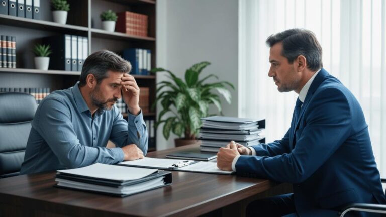 Trabalhador preocupado consultando advogado sobre a falta de assinatura na carteira de trabalho em escritório moderno.