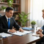 Advogado orientando casal sobre a cláusula de inalienabilidade no planejamento sucessório em escritório decorado.