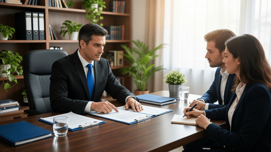 Advogado orientando casal sobre a cláusula de inalienabilidade no planejamento sucessório em escritório decorado.