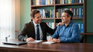 Trabalhador recebendo assistência em consultoria jurídica em escritório, refletindo sobre reabilitação profissional: o que fazer quando o trabalhador não pode voltar à mesma função?