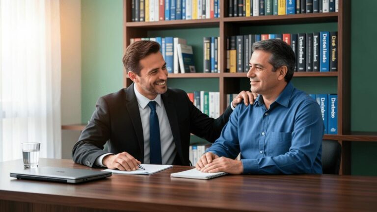 Trabalhador recebendo assistência em consultoria jurídica em escritório, refletindo sobre reabilitação profissional: o que fazer quando o trabalhador não pode voltar à mesma função?