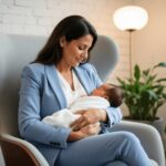 Mãe em ambiente de trabalho utilizando intervalo para amamentação, destacando os direitos da mulher no trabalho.