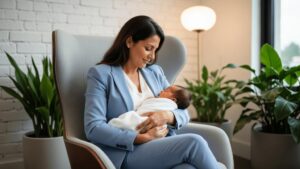 Mãe em ambiente de trabalho utilizando intervalo para amamentação, destacando os direitos da mulher no trabalho.
